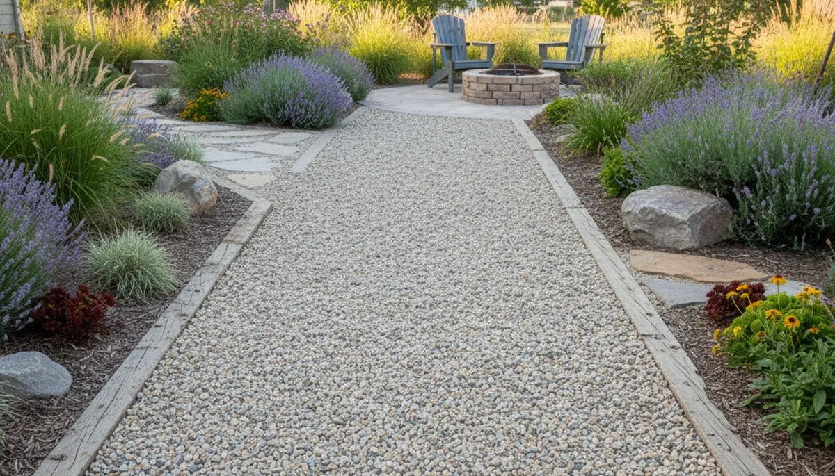 Pea gravel garden pathway with natural drainage, designed by landscaping experts in Ogden, Utah