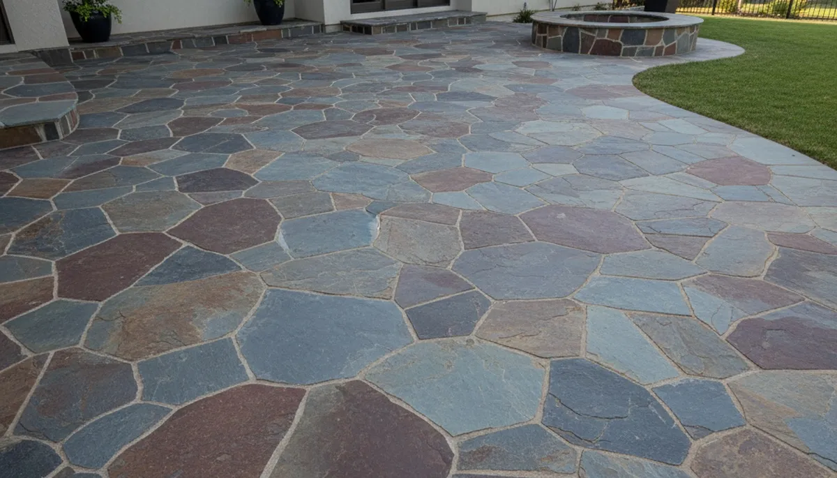 Flagstone patio with natural slate pavers expertly installed by landscaping pros in Ogden, Utah